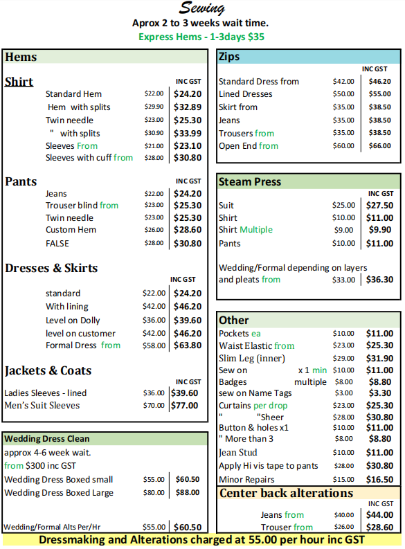 Sewing & Alterations General Pricelist