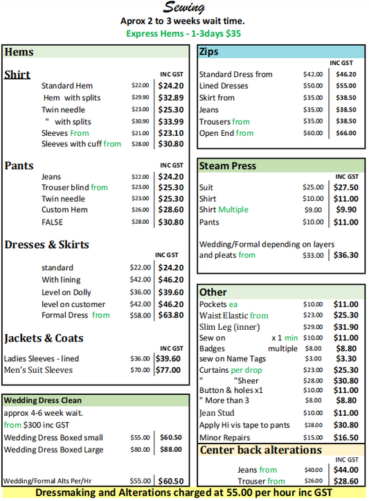 Sewing & Alterations General Pricelist